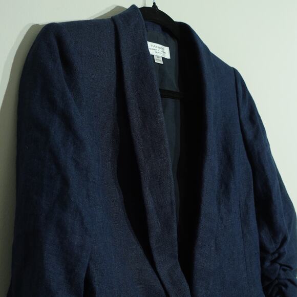 Tahari Womens 100% Linen Shawl Lapel Blazer Jacket Ruched Sleeve Navy Size 4P - Picture 3 of 9